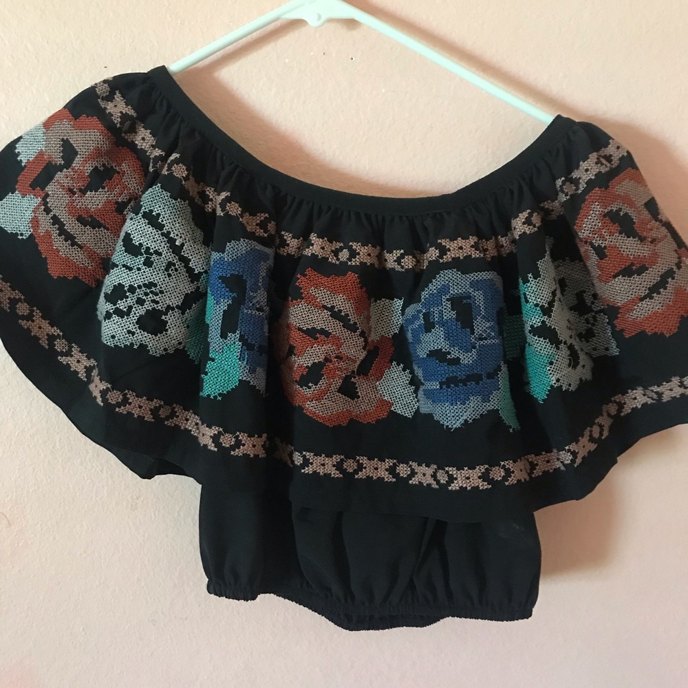 black embroidered off the shoulder top
